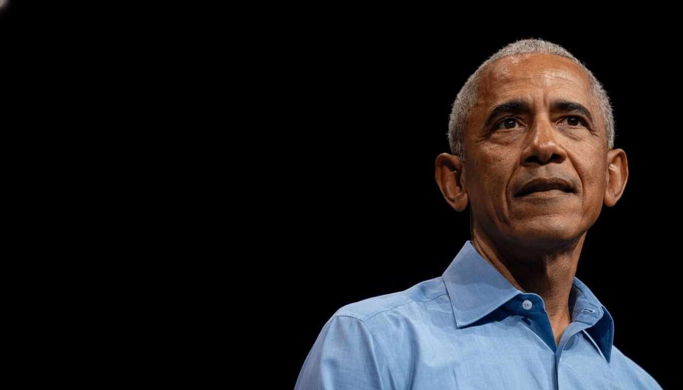 A professionally enhanced image of Barack Obama in a blue shirt, resized to a 16:9 aspect ratio, with the original black background maintained.