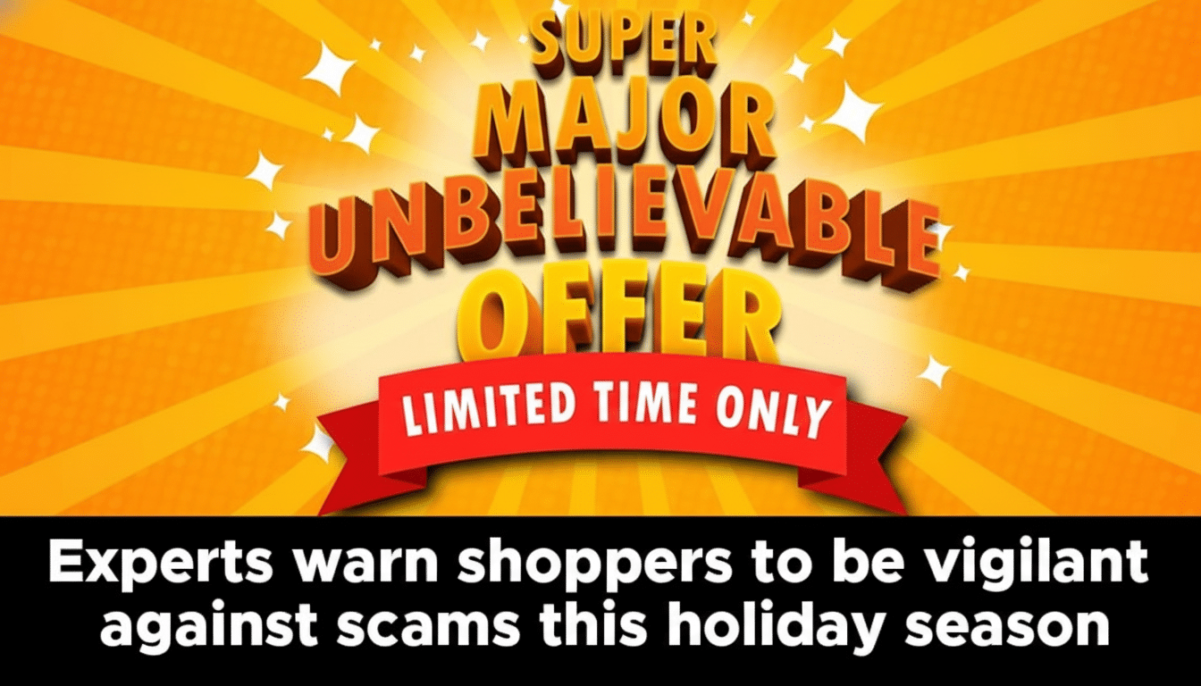 Holiday shopping scam alert on smartphone with phishing email and credit card