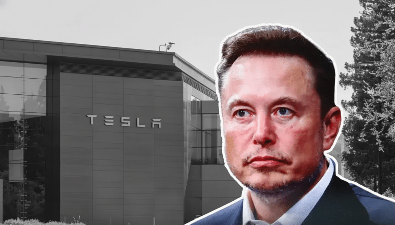 A 16:9 aspect ratio image featuring Elon Musk in the foreground with the Tesla building in the background.