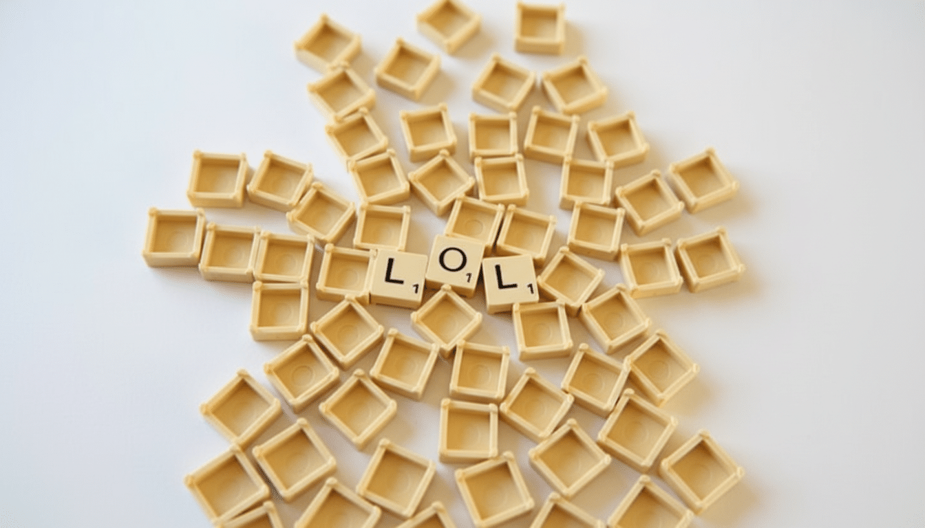 The letters L, O, L are spelled out in Scrabble tiles, surrounded by many empty Scrabble tile holders, all on a white background.