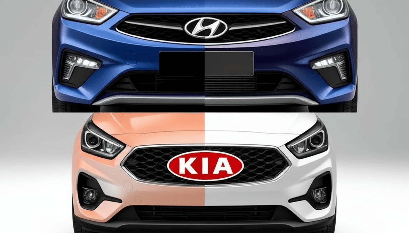 A split image showing the front grilles of two cars. The top half features a blue Hyundai with its logo, and the bottom half shows a white and orange Kia with its logo.