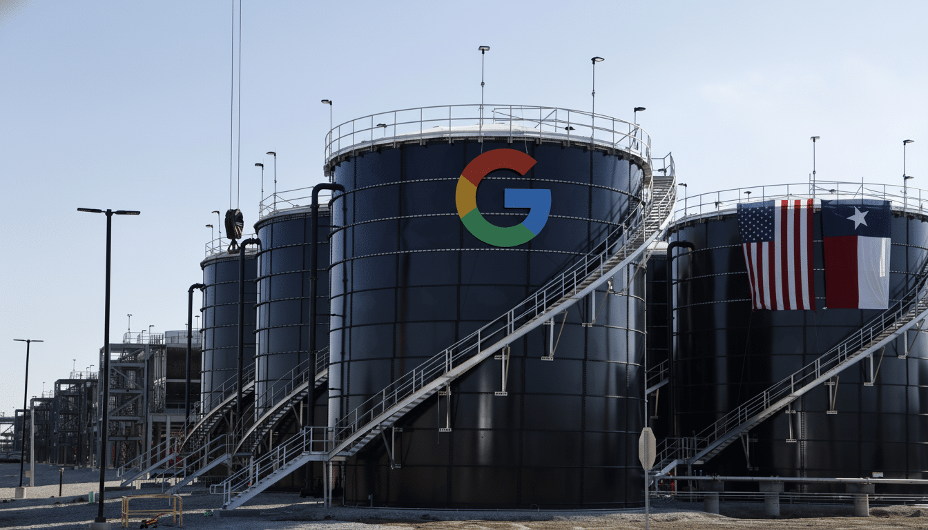 A row of large, black industrial storage tanks under a clear sky. The tank in the foreground features a large, colorful Google G logo, while another tank displays the American and Texas flags.