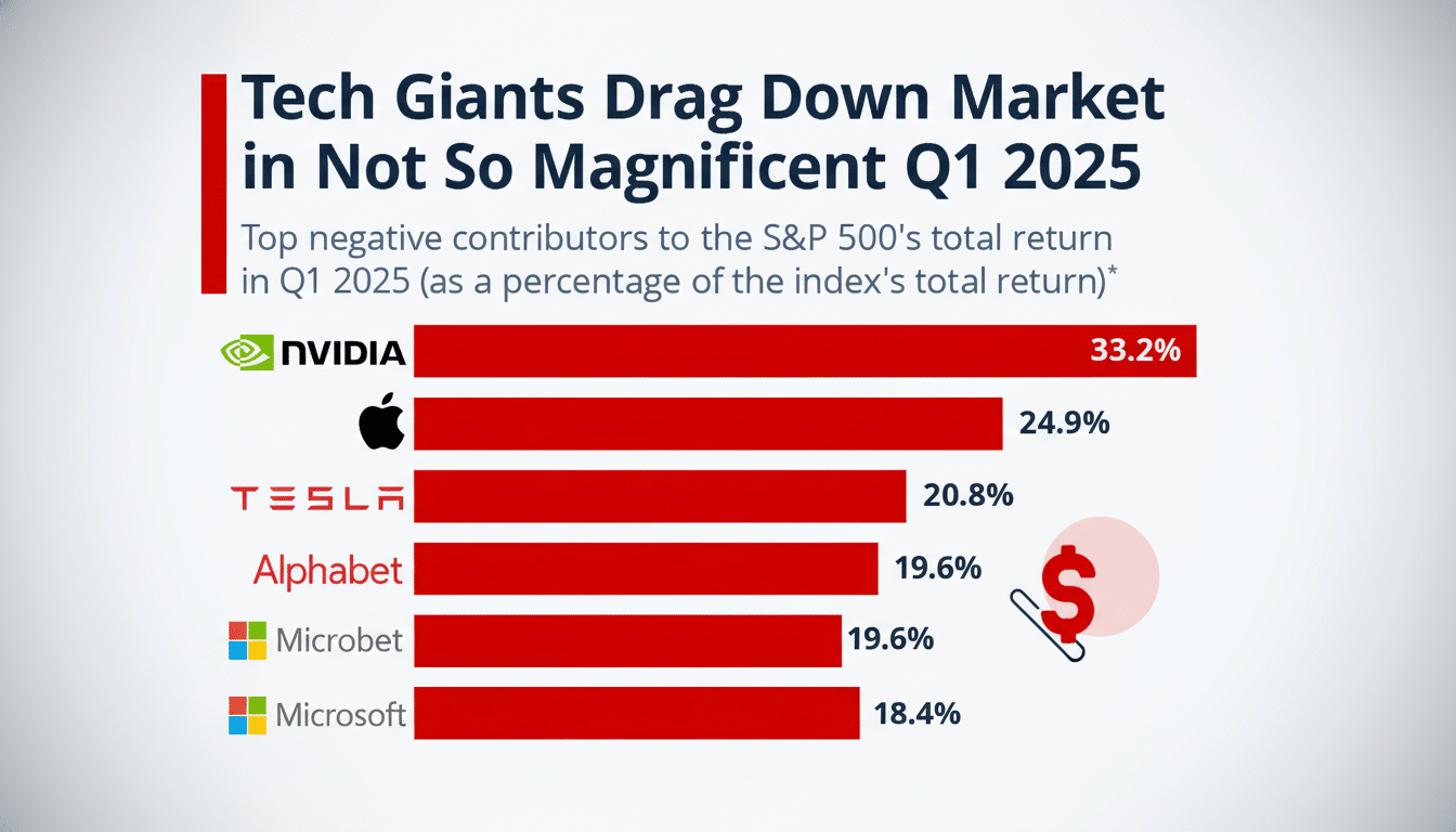 A professional infographic titled Tech Giants Drag Down Market in Not So Magnificent Q1 2025 showing NVIDIA, Apple, Tesla, Alphabet, and Microsoft as top negative contributors to the S&P 500s total return in Q1 2025, with a red bar chart indicating their respective percentages.
