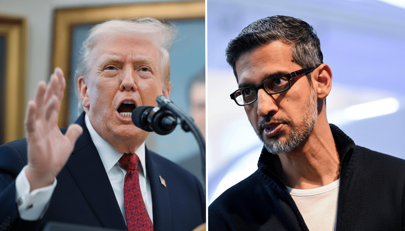 A split image showing Donald Trump speaking at a microphone on the left, and Sundar Pichai looking intently to the right.