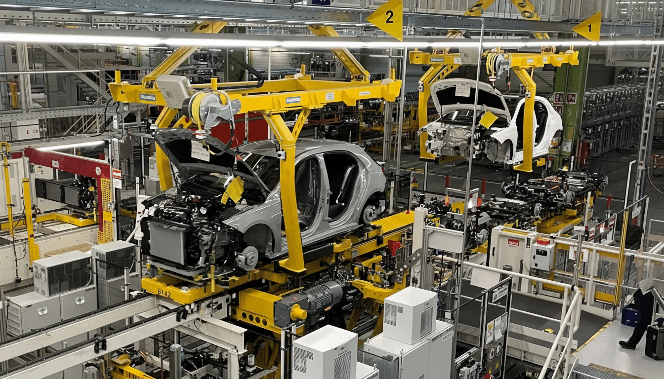 An overhead view of a car manufacturing plant, showing several car bodies on an assembly line with robotic arms and machinery.