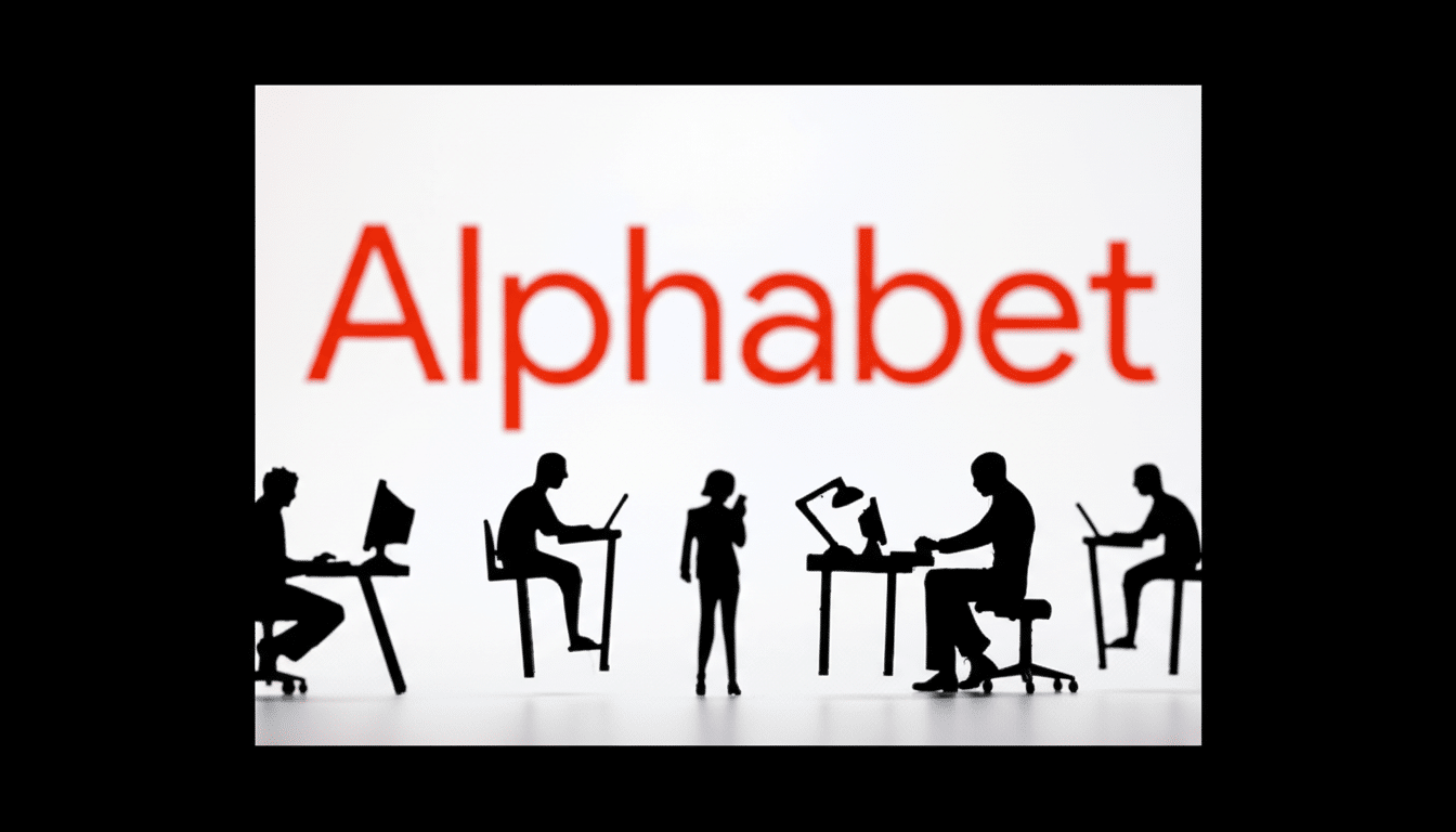 A 16:9 aspect ratio image showing the red Alphabet logo in the background, with silhouettes of people working at desks in the foreground.