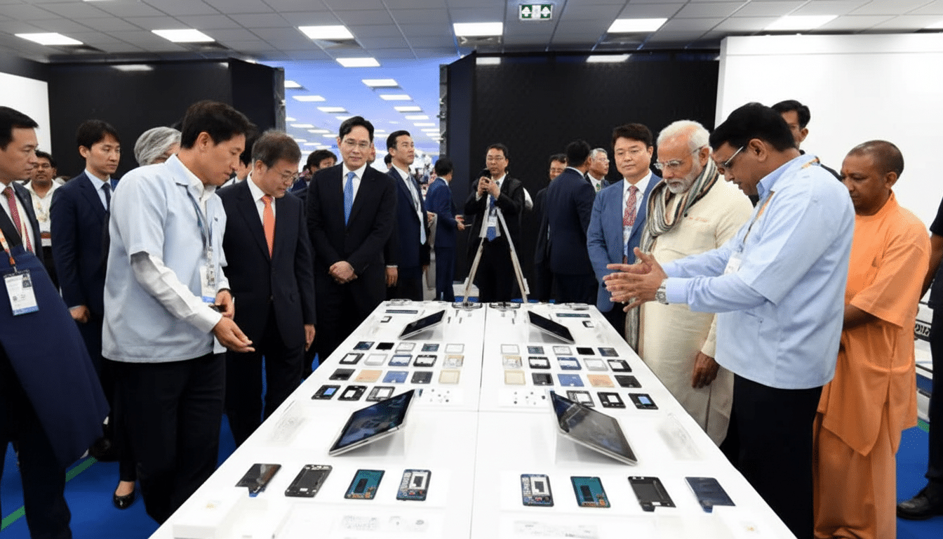 A group of men, including politicians and business leaders, gathered around a display table showcasing various electronic devices.