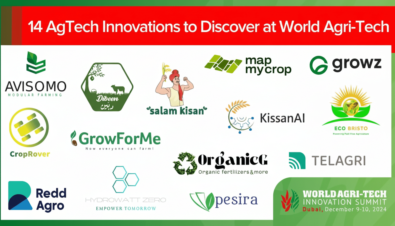 A banner image with the title 14 AgTech Innovations to Discover at World Agri-Tech at the top. Below the title, there are 14 different logos of agricultural technology companies, including Avisomo, Dibeer, Salam Kisan, Map My Crop, Growz, CropRover, GrowForMe, KissanAI, Eco Bristo, Redd Agro, Hydrowatt Zero, OrganicG, Pesira, and Telagri. At the bottom right, there is a logo for World Agri-Tech Innovation Summit Dubai, December 9-10, 2024.