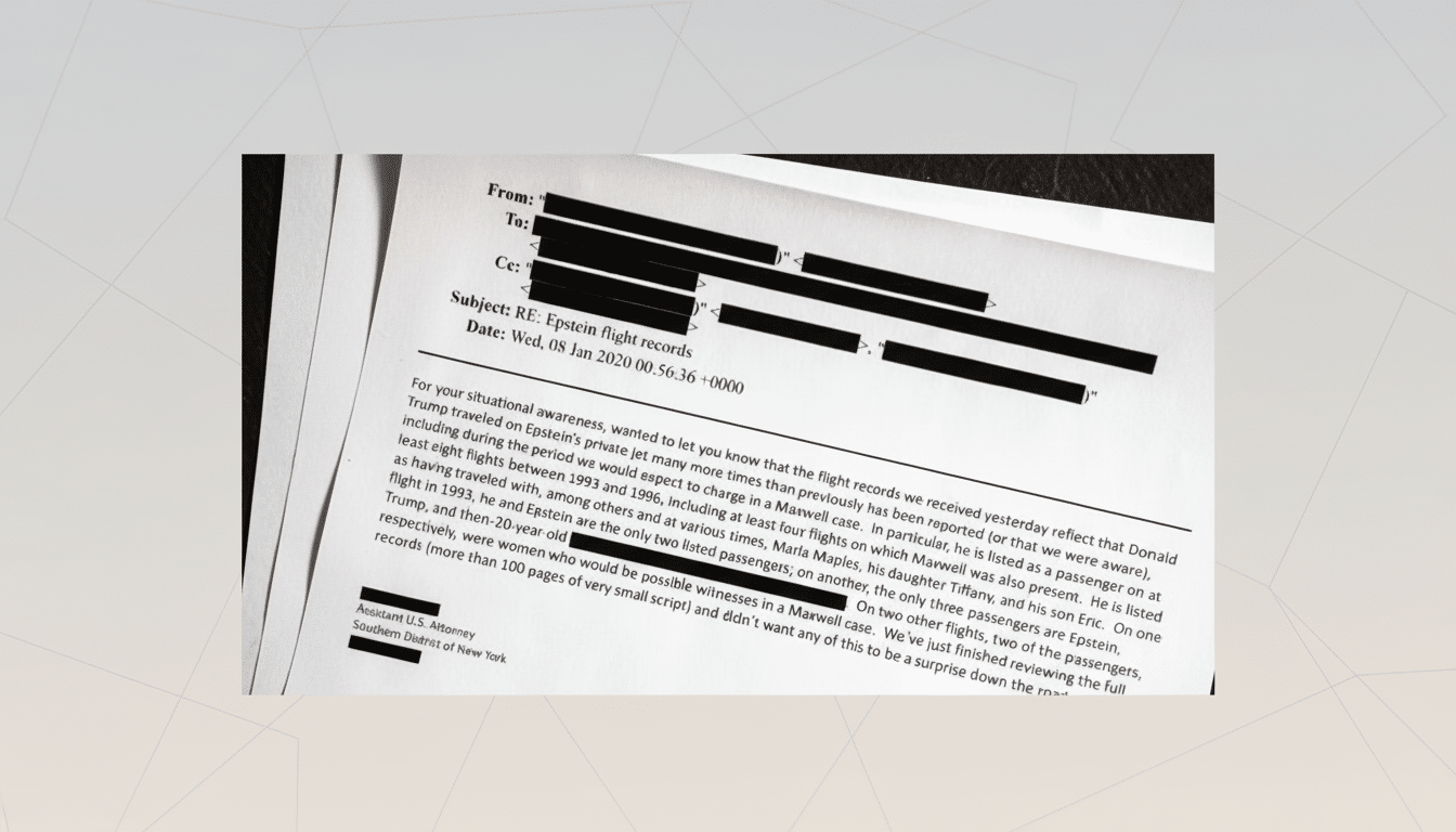 A document titled RE: Epstein flight records with some text redacted, presented on a professional flat design background with soft patterns.