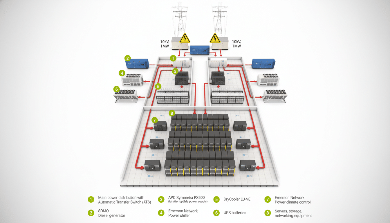 A detailed diagram illustrating a data center power distribution system, including main power distribution with automatic transfer switch, diesel generators, UPS systems, power chillers, climate control, and servers, all connected to two 10KV, 1MW power sources.