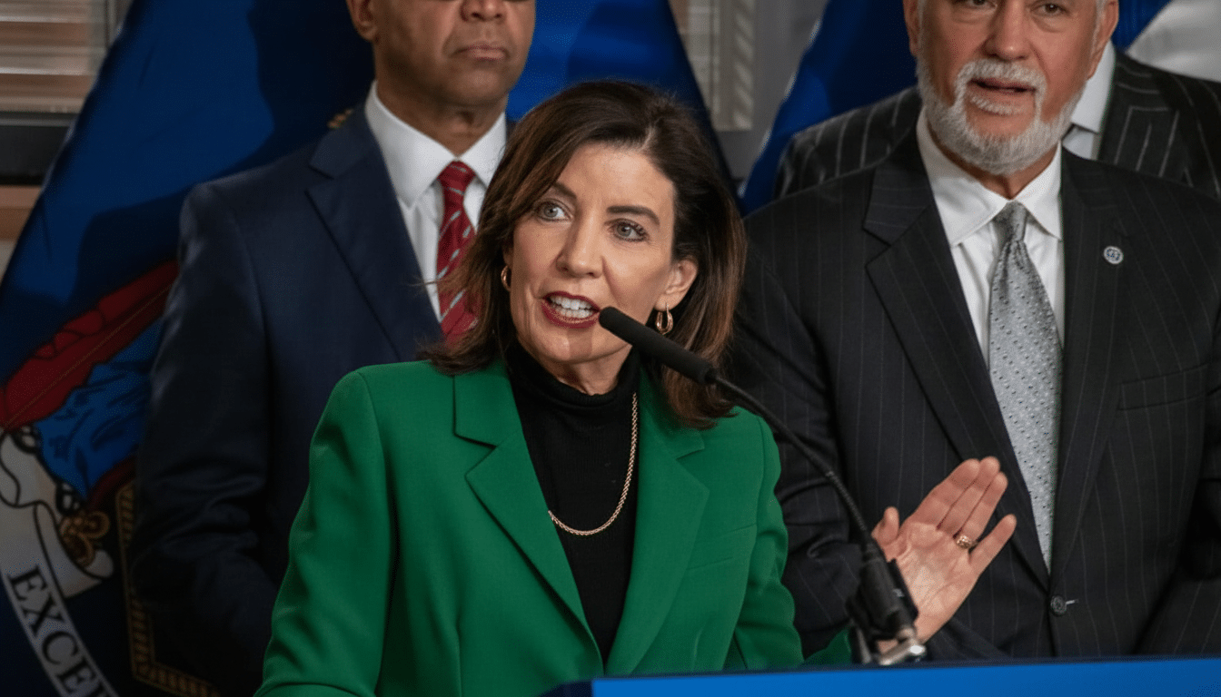 A woman in a green blazer speaks at a podium with other people in suits behind her.