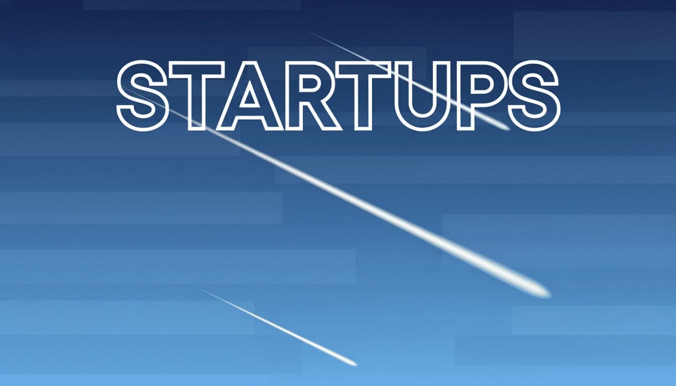 The word STARTUPS in white outline text, with three white streaking lines resembling shooting stars, set against a professional flat design background with soft blue gradients and subtle horizontal patterns.