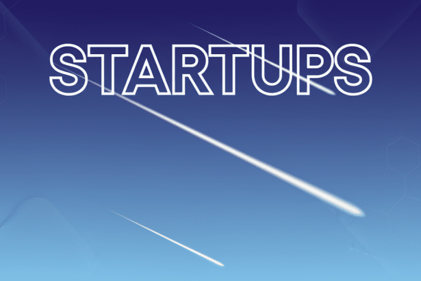 The word STARTUPS in white outline letters, with three white streaks resembling shooting stars, set against a professional blue gradient background with subtle geometric patterns.