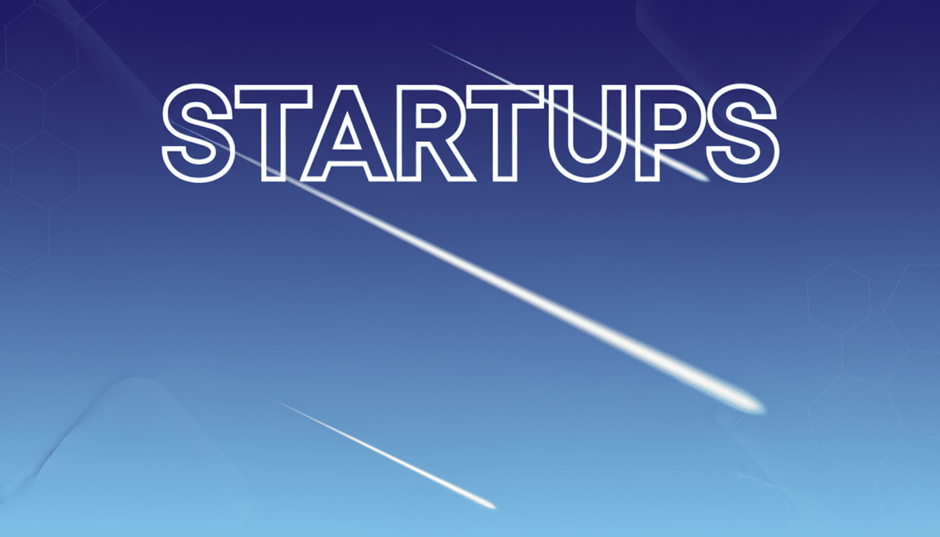 The word STARTUPS in white outline letters, with three white streaks resembling shooting stars, set against a professional blue gradient background with subtle geometric patterns.