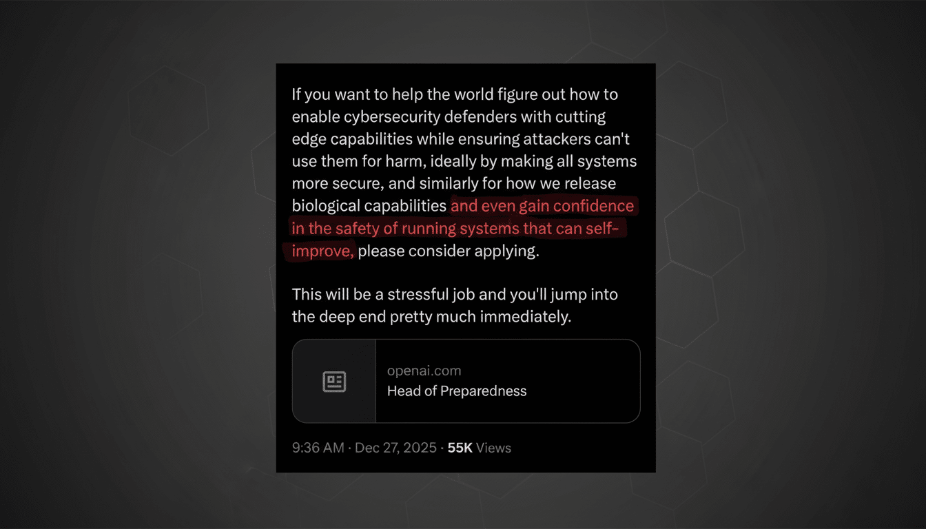 A screenshot of a tweet from openai.com about a Head of Preparedness job opening, with the text If you want to help the world figure out how to enable cybersecurity defenders with cutting edge capabilities while ensuring attackers cant use them for harm, ideally by making all systems more secure, and similarly for how we release biological capabilities and even gain confidence in the safety of running systems that can self-improve, please consider applying. This will be a stressful job and youll jump into the deep end pretty much immediately. The tweet is dated Dec 27, 2025, and has 55K Views. The background has been changed to a professional flat design with soft patterns.