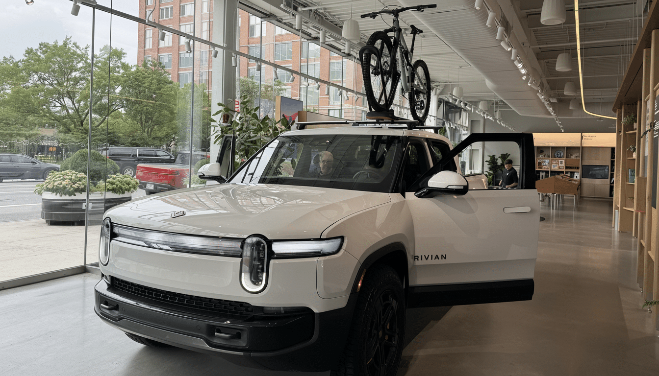 A white Rivian electric truck with a bicycle mounted on its roof rack, parked inside a modern showroom with large windows.