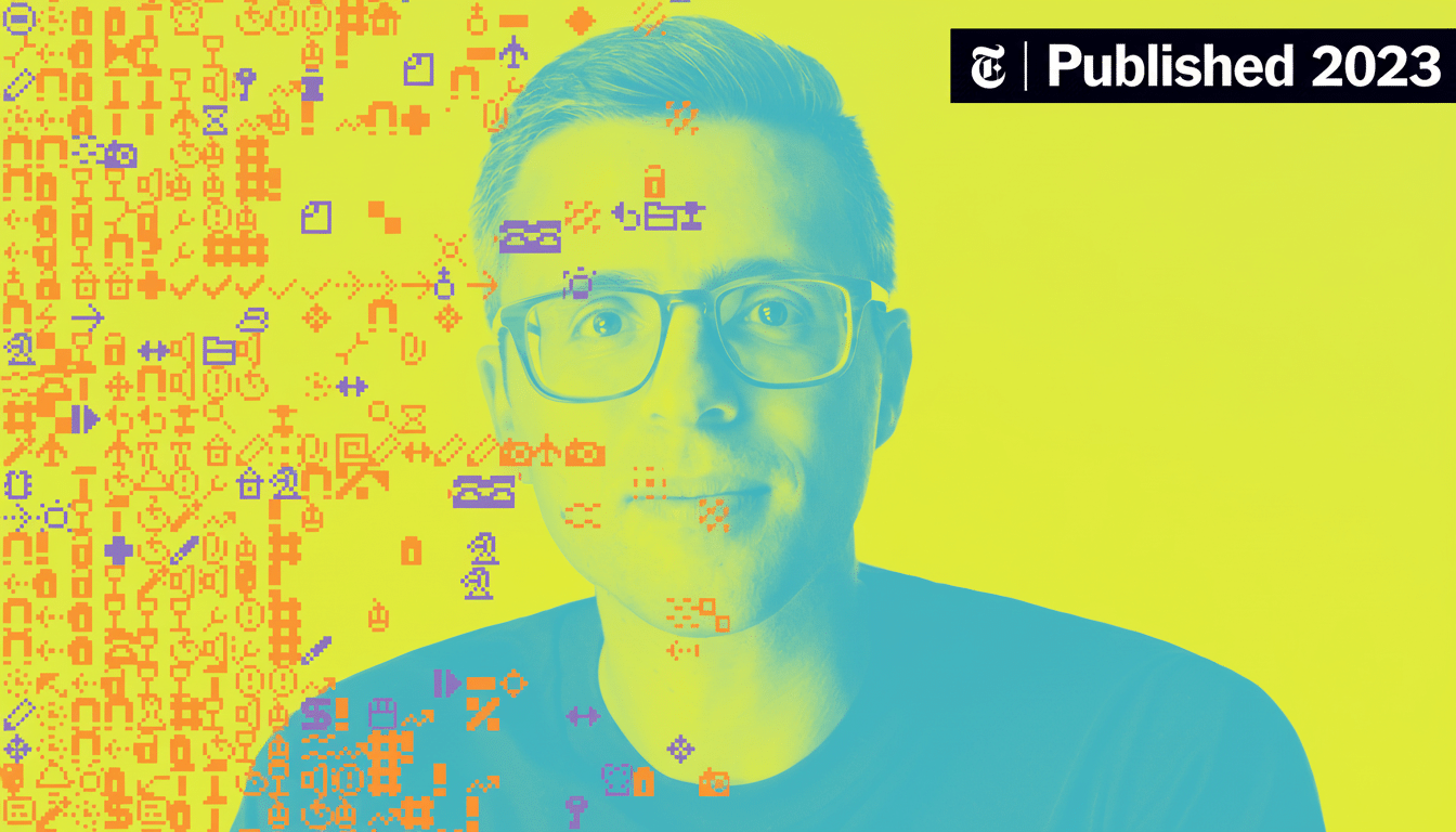 A man with glasses and a blue shirt against a yellow background with orange and purple pixelated symbols on the left side. The top right corner has a black box with Published 2023 and a T logo.