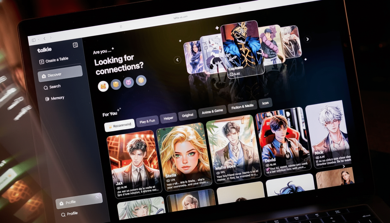 A laptop screen displaying the Talkie-ai.com website, showing various anime-style character profiles and a Looking for connections? prompt.