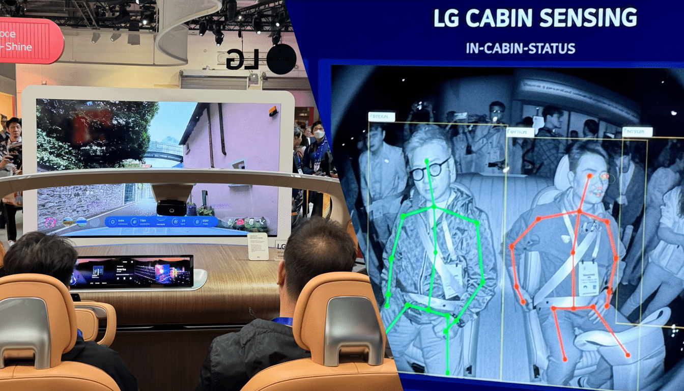 A split image showing a car interior with a large screen displaying a road view, and a separate screen showing LG Cabin Sensing with an infrared view of two people, their skeletons outlined in green and red, demonstrating in-cabin status detection.