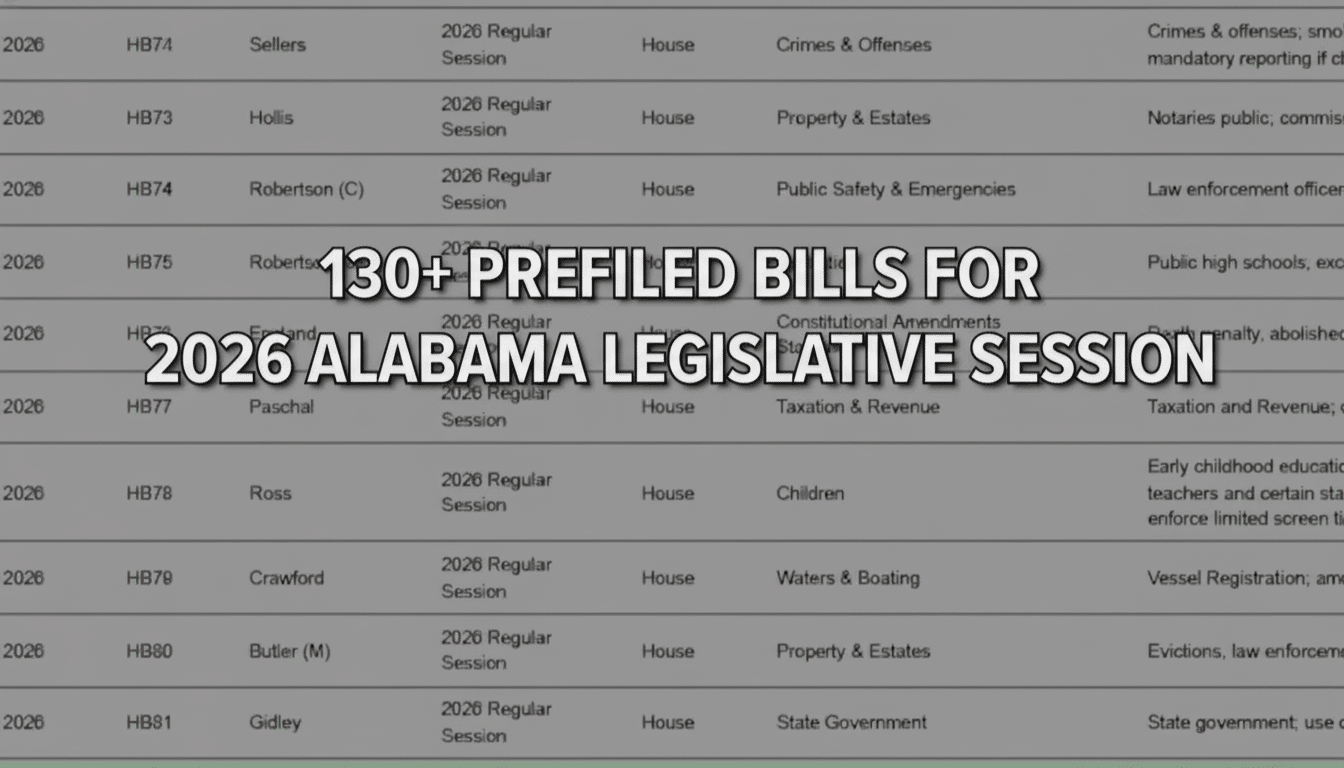 A resized image of a legislative session document with the text 130+ PREFILED BILLS FOR 2026 ALABAMA LEGISLATIVE SESSION overlaid in white.