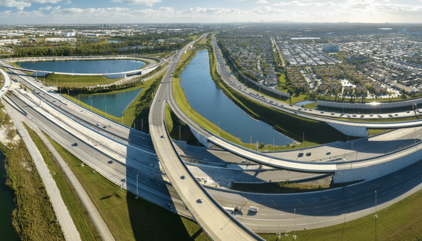 An aerial view of a complex highway interchange with multiple overpasses and underpasses, surrounded by bodies of water, green spaces, and residential areas under a partly cloudy sky.