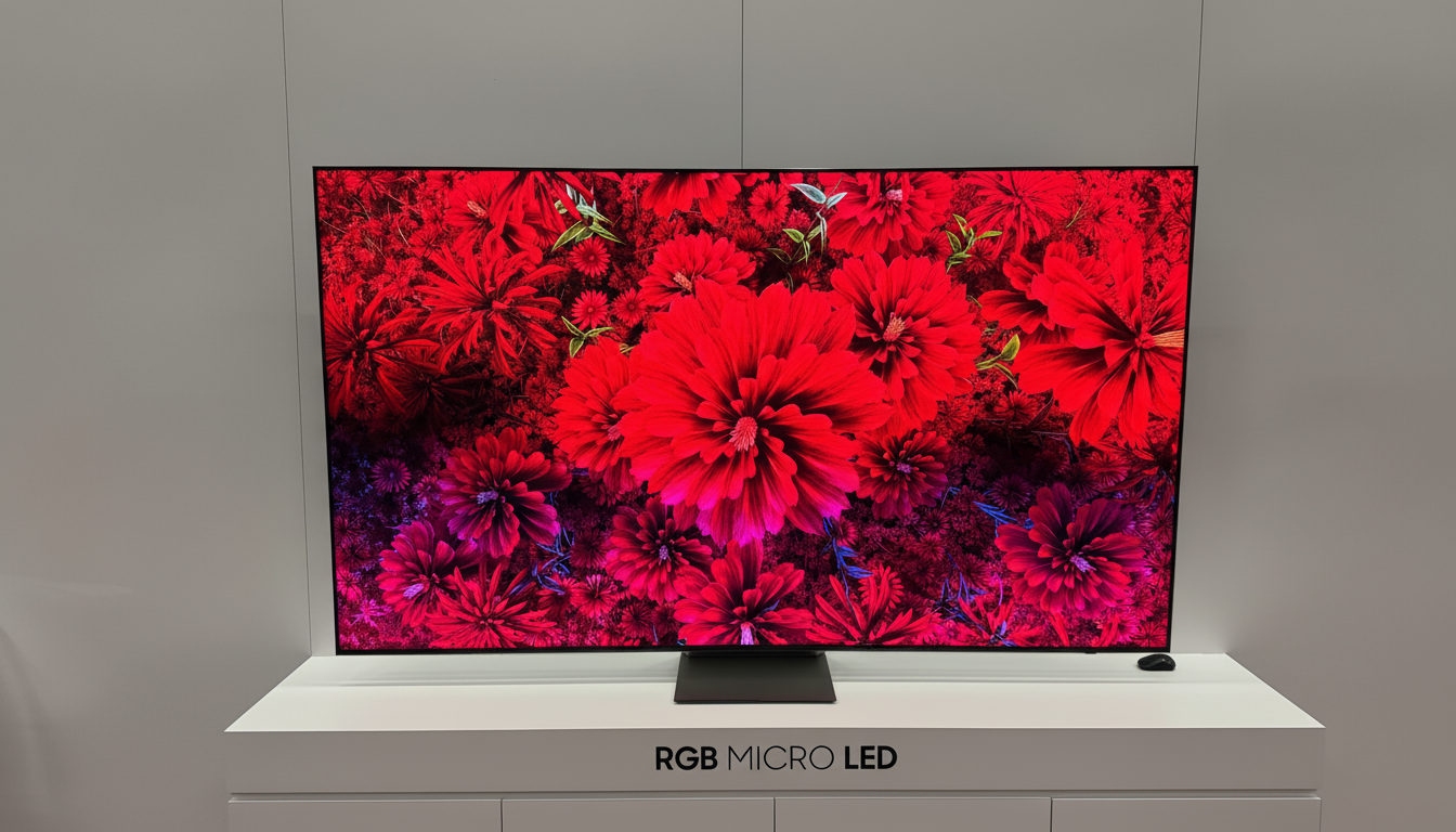 A large, sleek television displaying a vibrant image of red and purple flowers, set on a white stand with RGB MICRO LED written below.