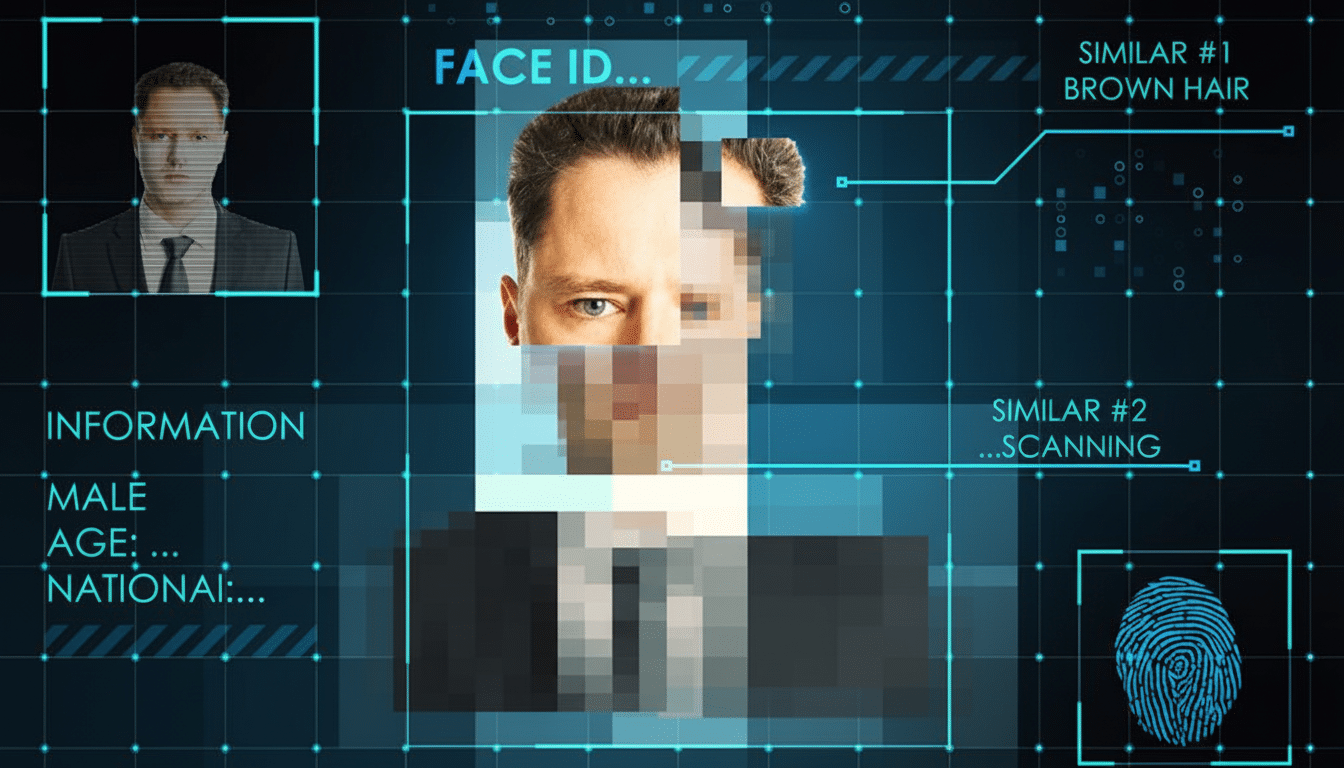 A digital interface displaying FACE ID... with a mans face being scanned and pixelated, alongside information like MALE, AGE, and NATIONAL, and a fingerprint icon.