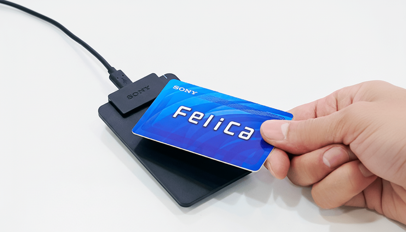 A hand holding a blue Sony Felica card over a black Sony card reader connected by a USB cable.