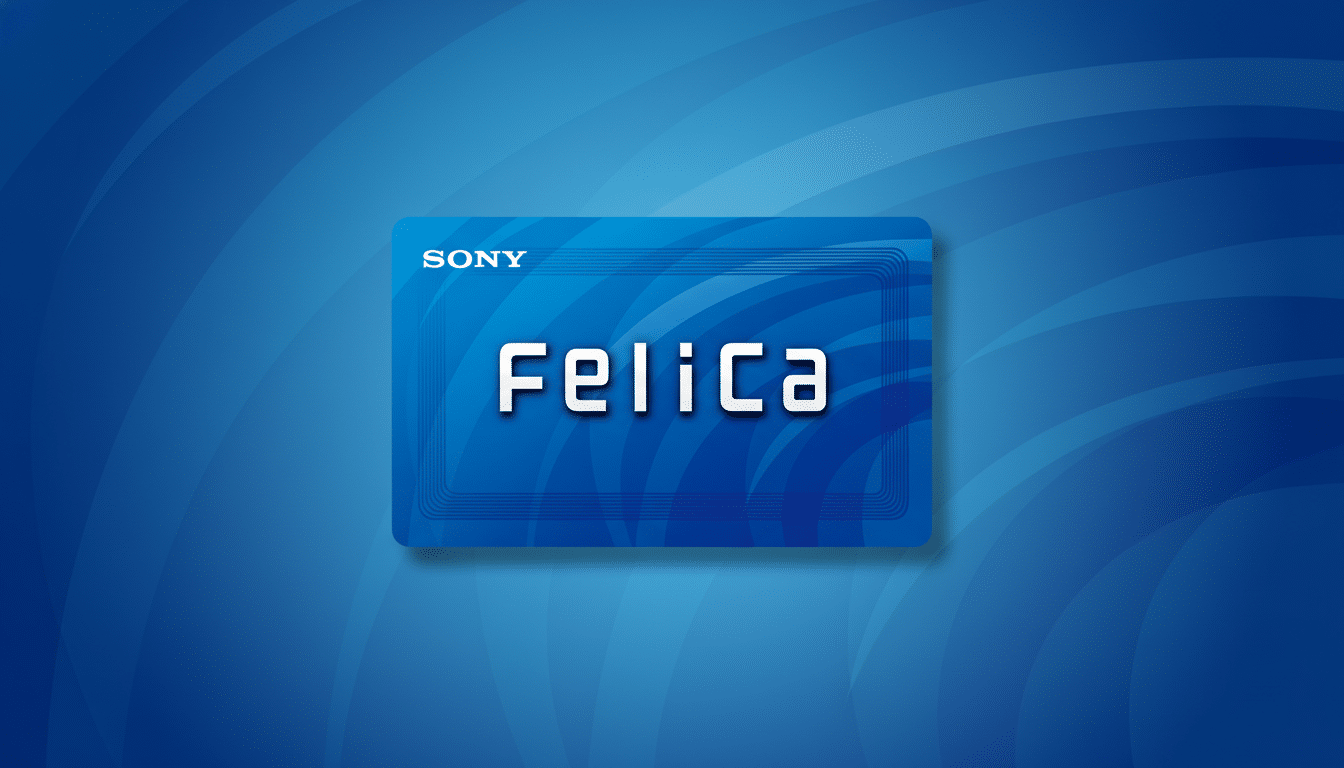A professionally enhanced image of a blue Sony FeliCa card with a 16:9 aspect ratio, featuring a clean, professional background with soft blue gradients and patterns.