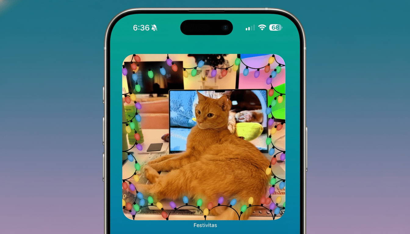A smartphone displaying an image of an orange cat sitting on a keyboard, framed by colorful Christmas lights. The phones screen shows 6:36 and Festivitas at the bottom.