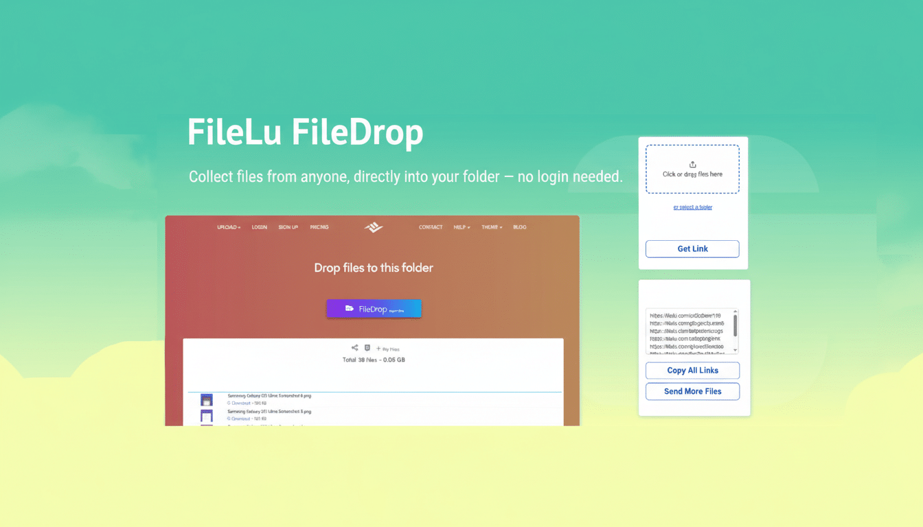 A screenshot of the FileLu FileDrop website, showcasing its interface for collecting files directly into a folder without requiring a login. The design features a clean layout with a prominent Drop files to this folder section and options to get links or send more files.