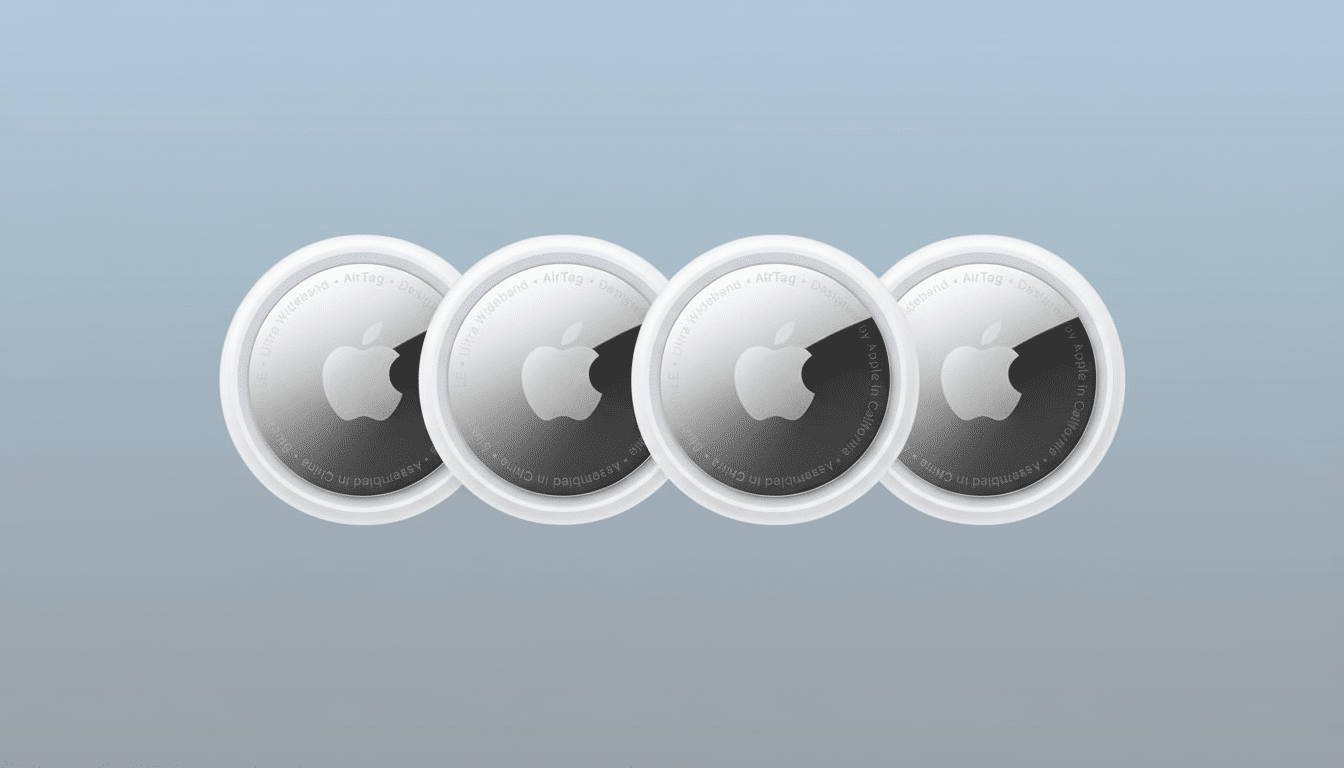 Four Apple AirTags are arranged in a row against a soft blue-grey gradient background. The AirTags are white with a silver metallic back featuring the Apple logo and text.