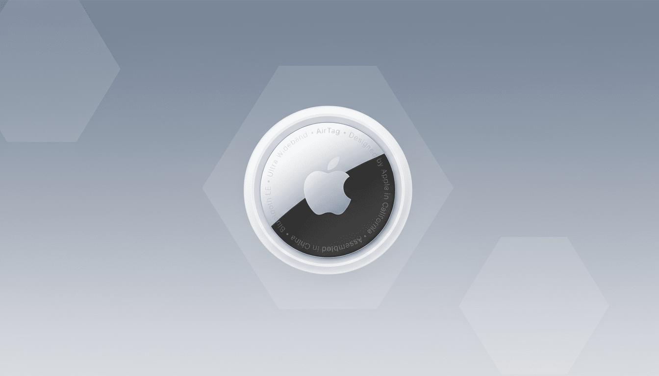 An Apple AirTag centered on a professional flat design background with soft gray hexagonal patterns and gradients.