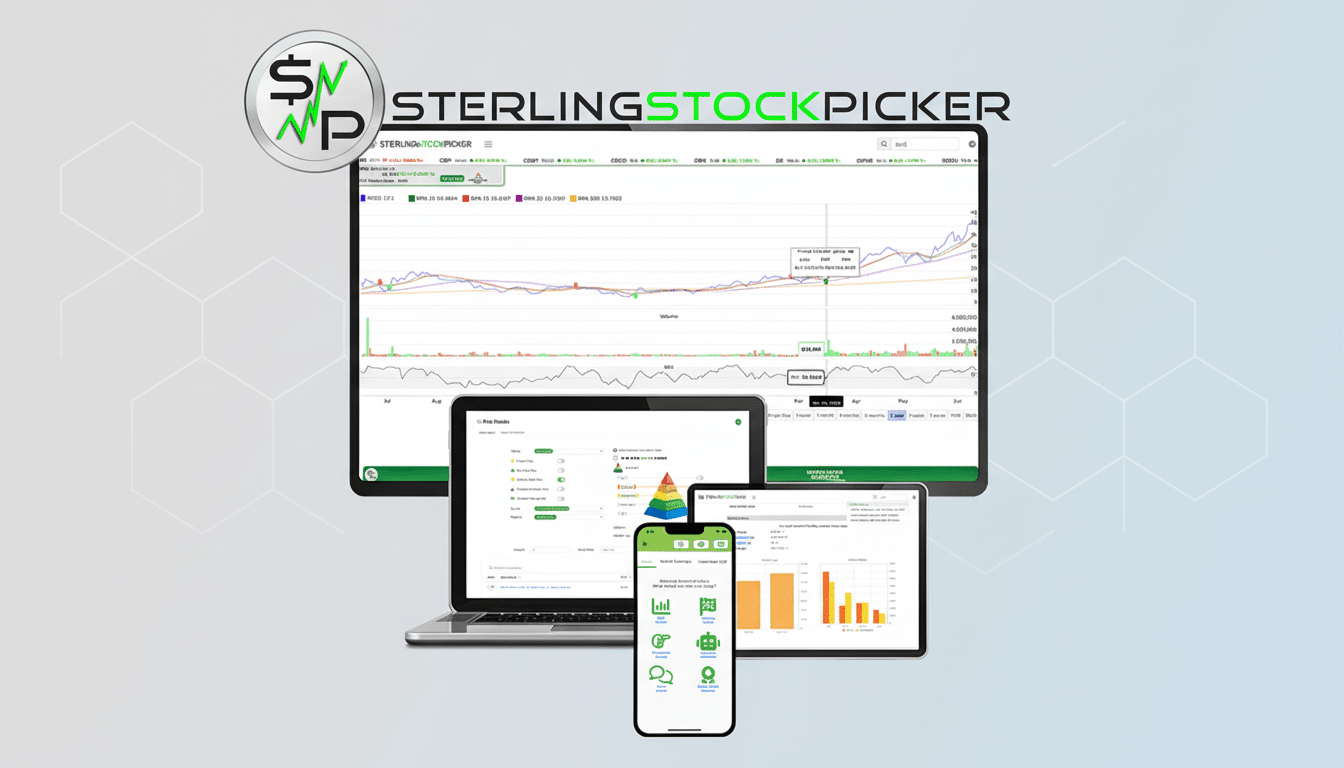 A professional presentation of the Sterling Stockpicker logo and app interface displayed across a desktop monitor, laptop, tablet, and smartphone, set against a soft gradient background.