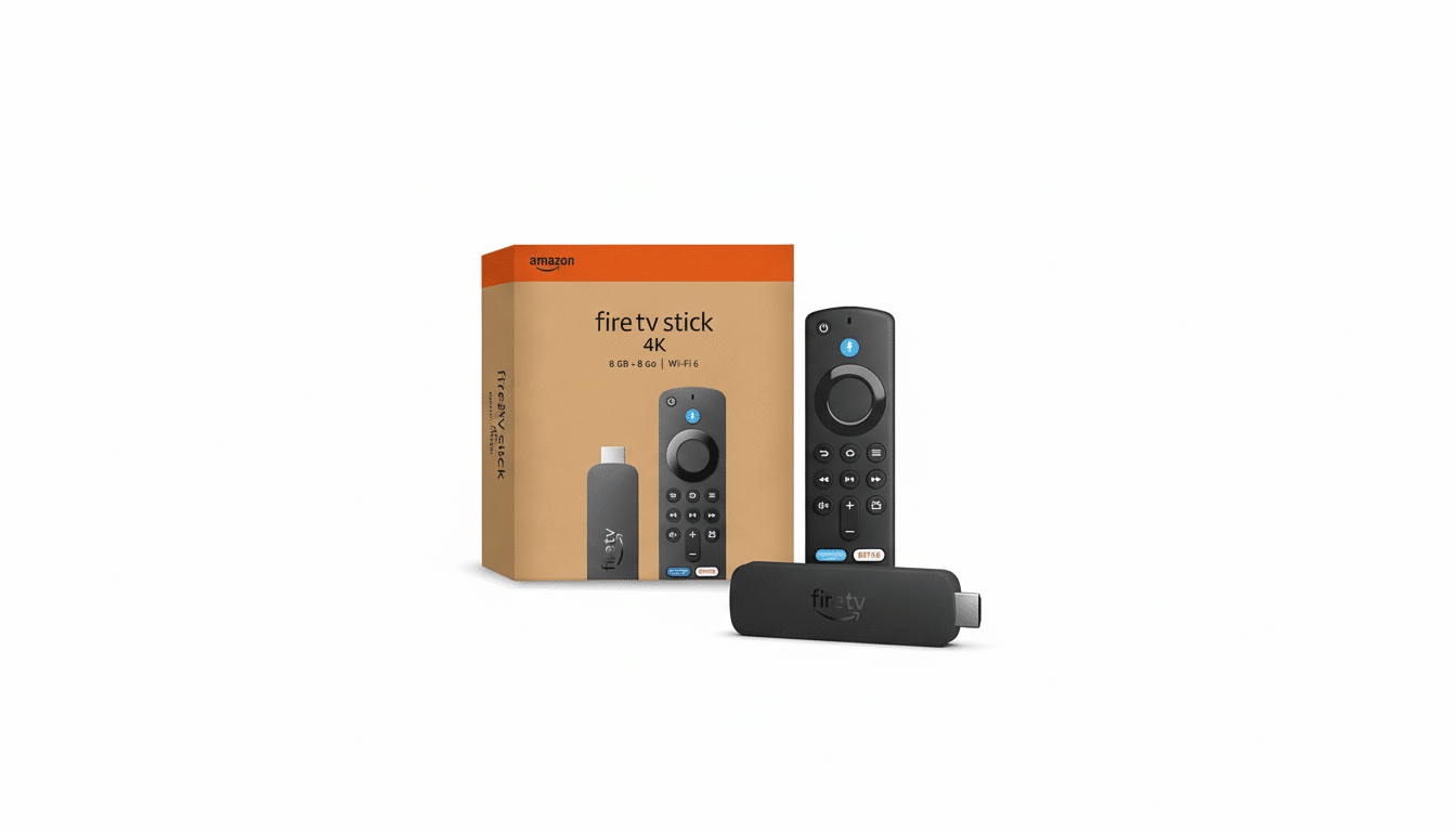 A 16:9 aspect ratio image of an Amazon Fire TV Stick 4K, its remote, and its packaging, presented on a clean white background.