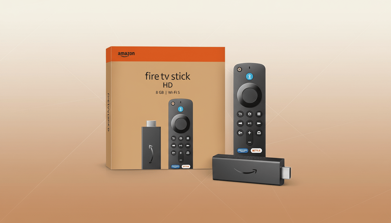 An Amazon Fire TV Stick HD package with the device and remote control, presented on a professional flat design background with soft gradients.