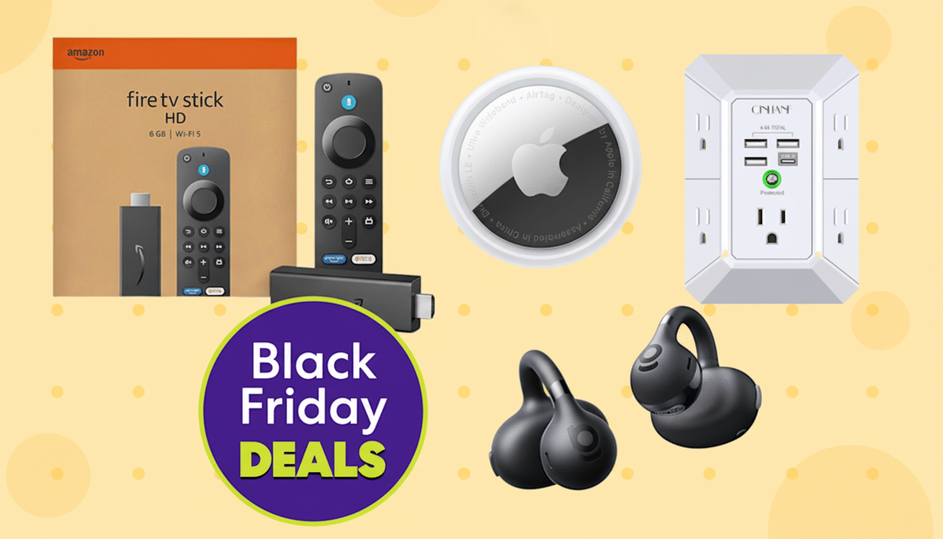 A collage of Black Friday deals including an Amazon Fire TV Stick HD, an Apple AirTag, a wall outlet with USB ports, and a pair of black earbuds, all set against a soft yellow background with subtle circular patterns.