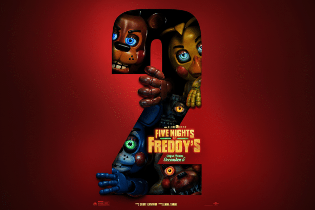 A movie poster for Five Nights at Freddys 2 featuring animatronic characters peeking out from within the number 2 against a red background.