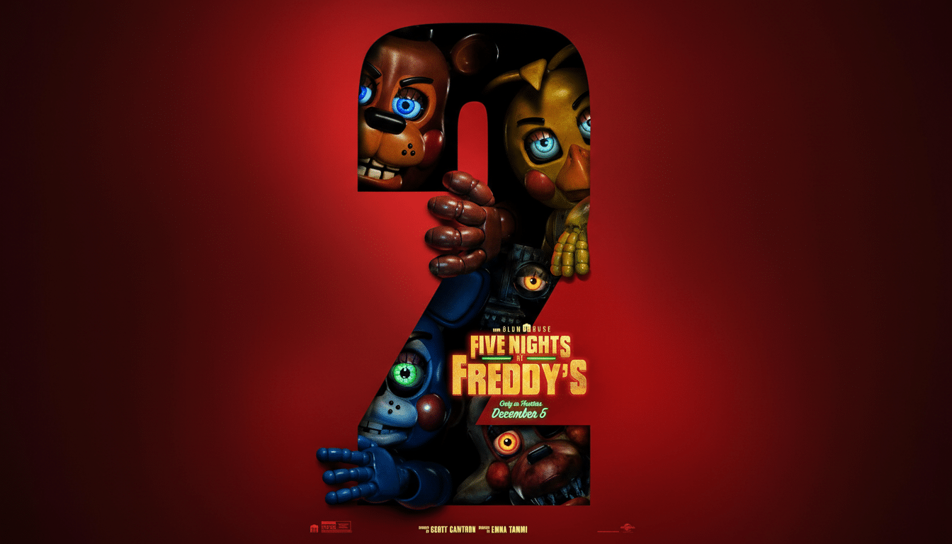 A movie poster for Five Nights at Freddys 2 featuring animatronic characters peeking out from within the number 2 against a red background.