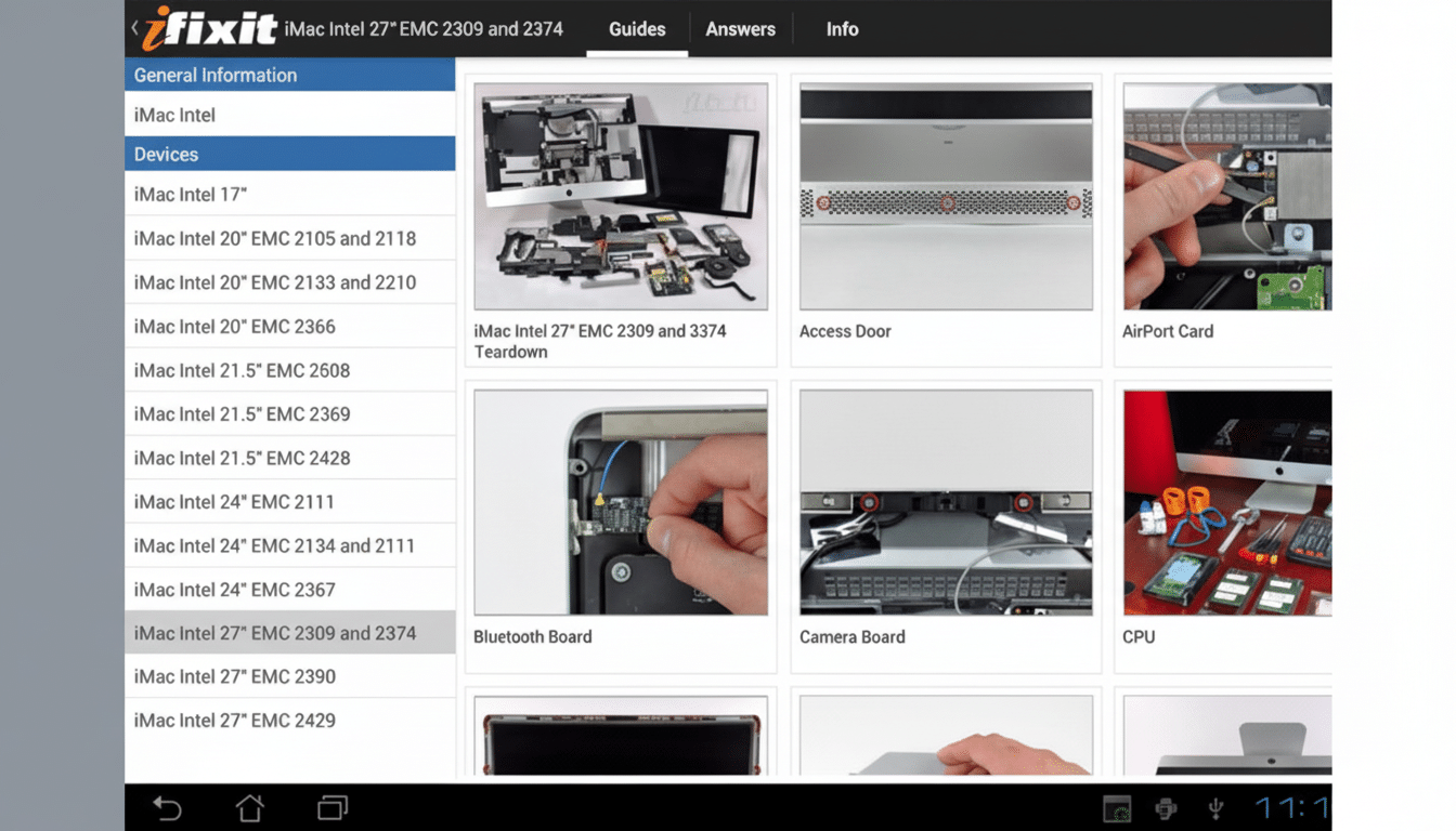 A screenshot of the iFixit website displaying repair guides for various iMac Intel models, with a focus on the iMac Intel 27 EMC 2309 and 2374 section. The main content area shows several thumbnail images and titles related to different components and repair steps, such as iMac Intel 27 EMC 2309 and 3374 Teardown, Access Door, AirPort Card, Bluetooth Board, Camera Board, and CPU. The image has been resized to a 16:9 aspect ratio.
