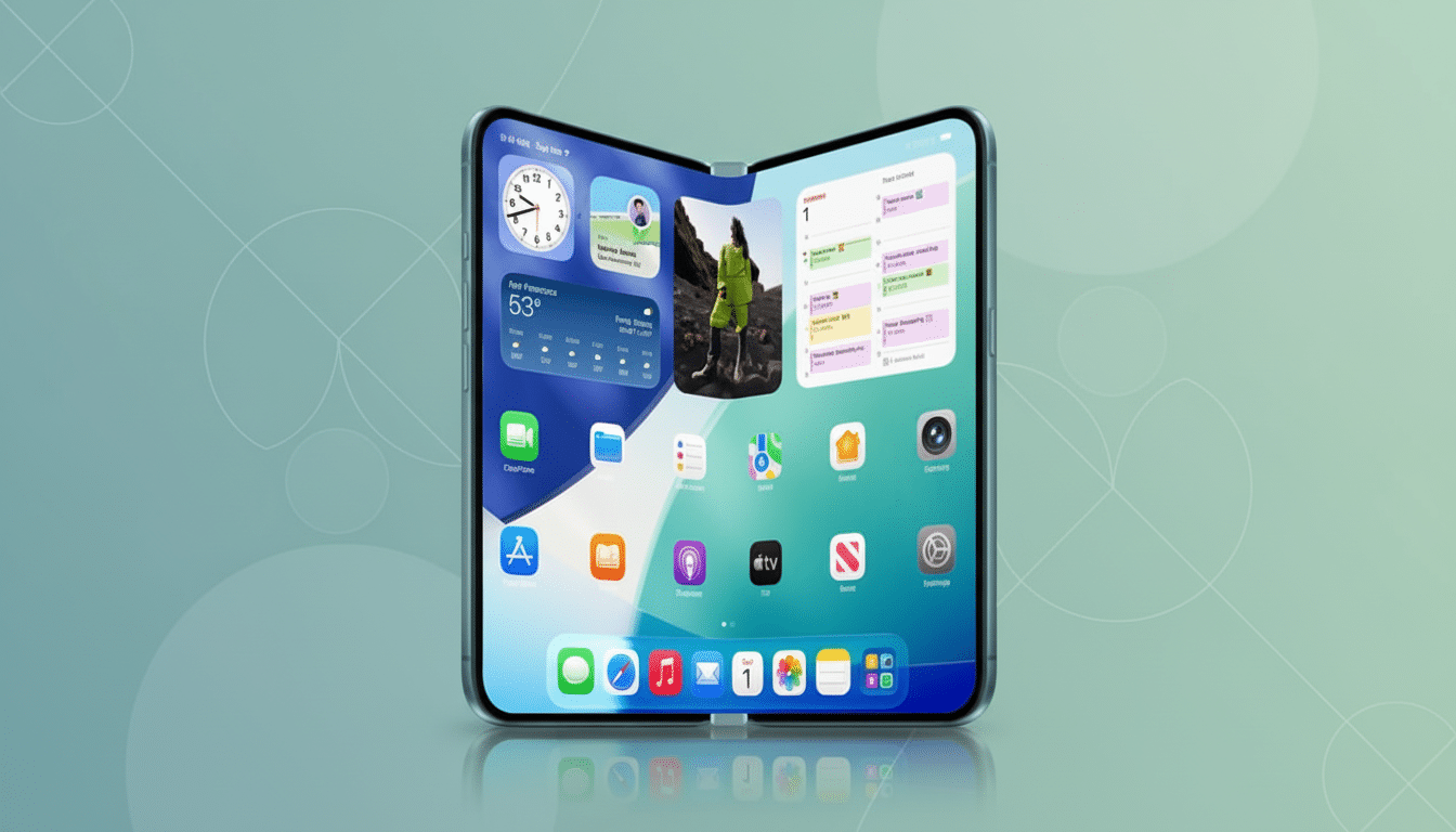 A foldable smartphone displaying a user interface with various app icons and widgets, set against a professional flat design background with soft patterns.