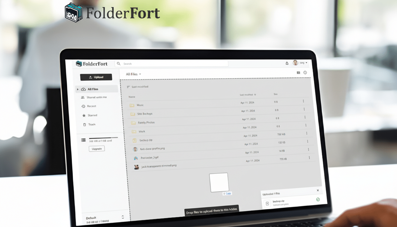 A laptop displaying the FolderFort file management interface, with a person in the background.