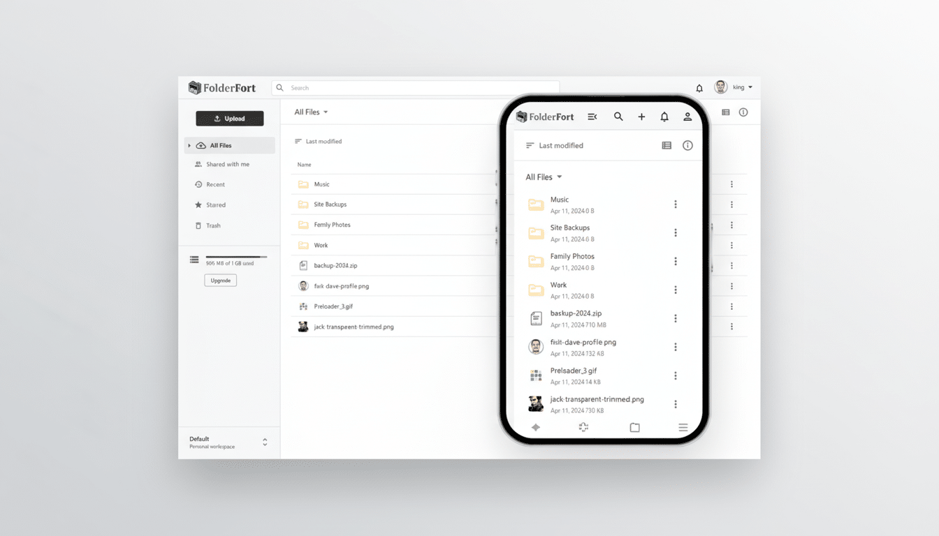 A professional, clean presentation of the FolderFort file management interface on both a desktop and mobile device, set against a soft gray background.