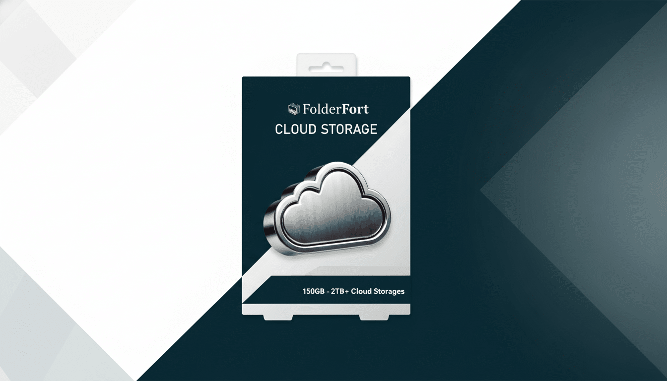 A 16:9 aspect ratio image of a FolderFort Cloud Storage product box featuring a metallic cloud icon, set against a professional flat design background with soft patterns and gradients.