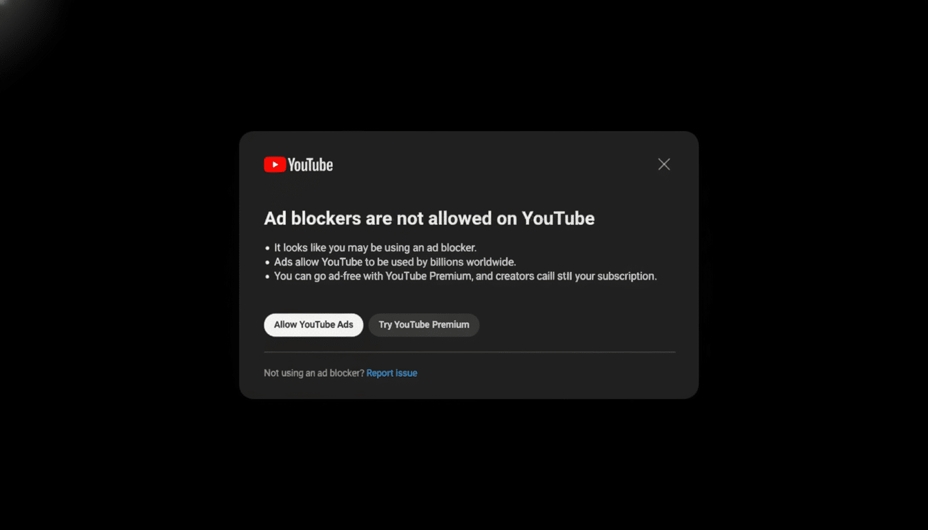 A YouTube pop-up message stating Ad blockers are not allowed on YouTube with options to Allow YouTube Ads or Try YouTube Premium.