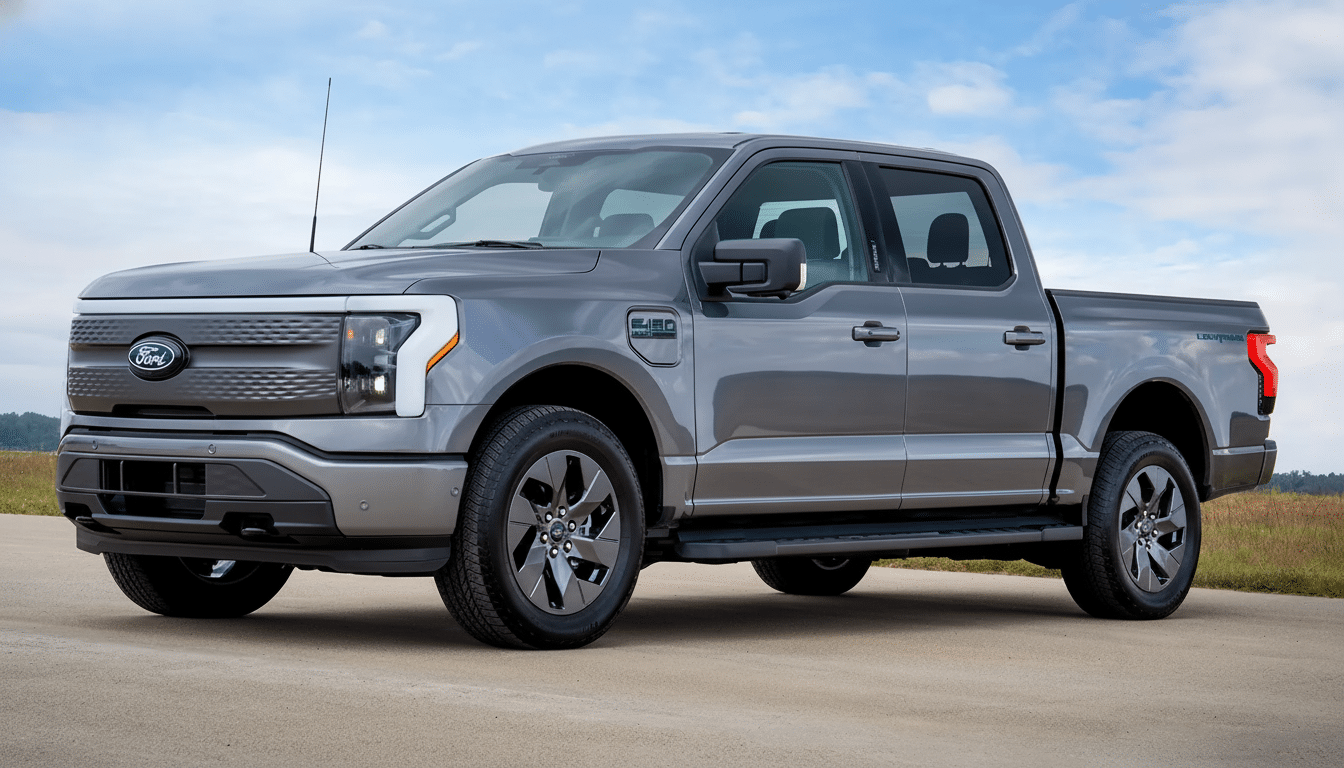 A gray Ford F-150 Lightning electric pickup truck parked on an asphalt surface with a field and cloudy sky in the background.