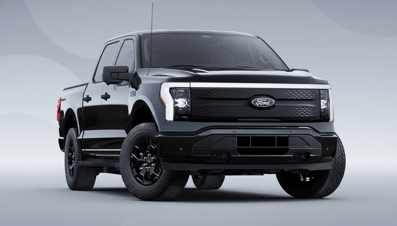 A black Ford F-150 Lightning electric pickup truck is shown from a front-quarter angle, parked on a light gray surface with a subtle gradient background.