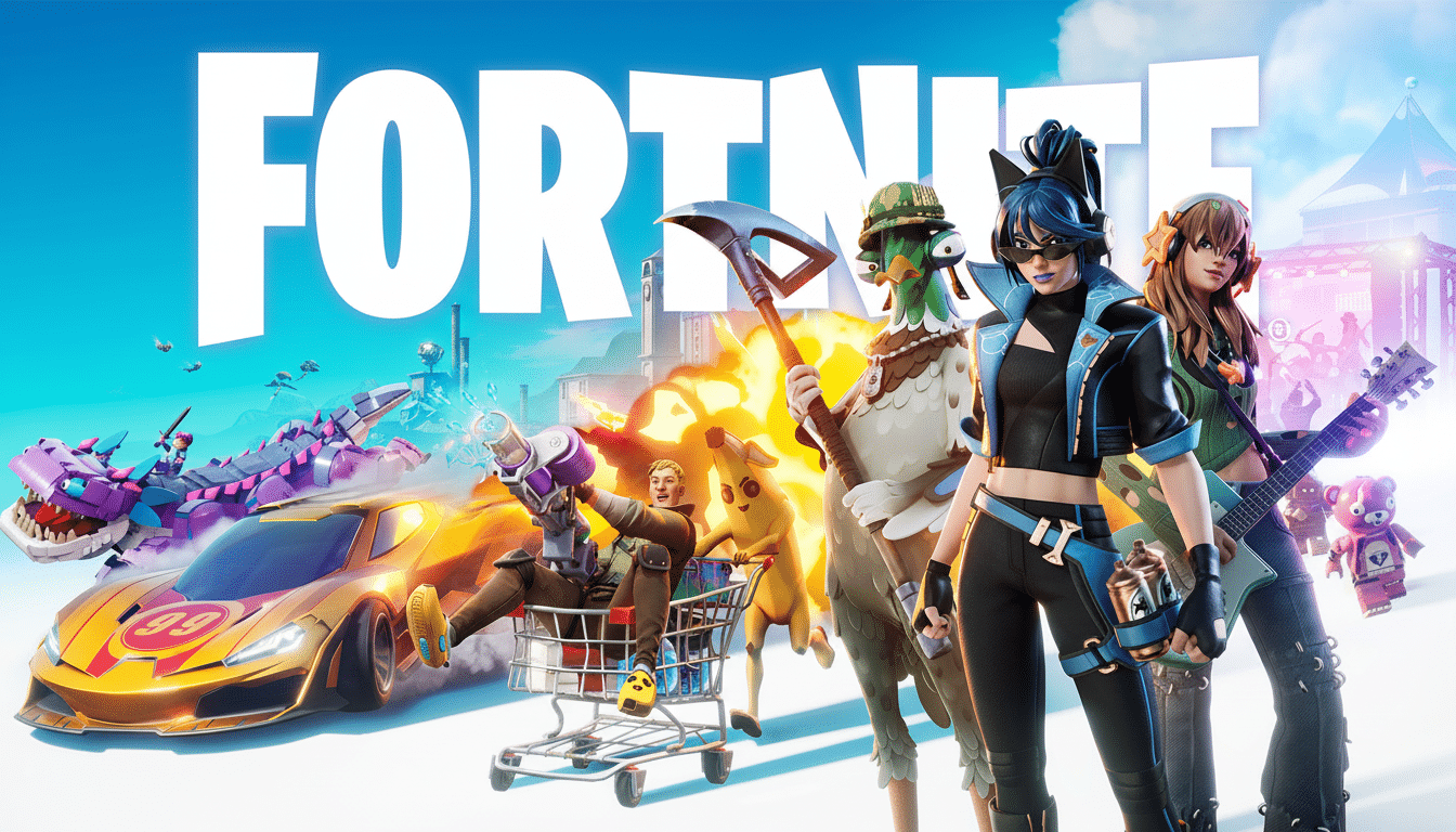A vibrant Fortnite promotional image featuring various characters and elements from the game, including a yellow sports car, a character in a shopping cart, and several character skins standing prominently in the foreground.