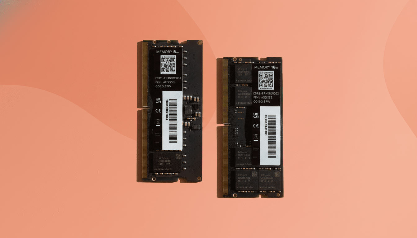 Two RAM modules, one 8GB and one 16GB, are displayed on a professional flat background with soft patterns and gradients.