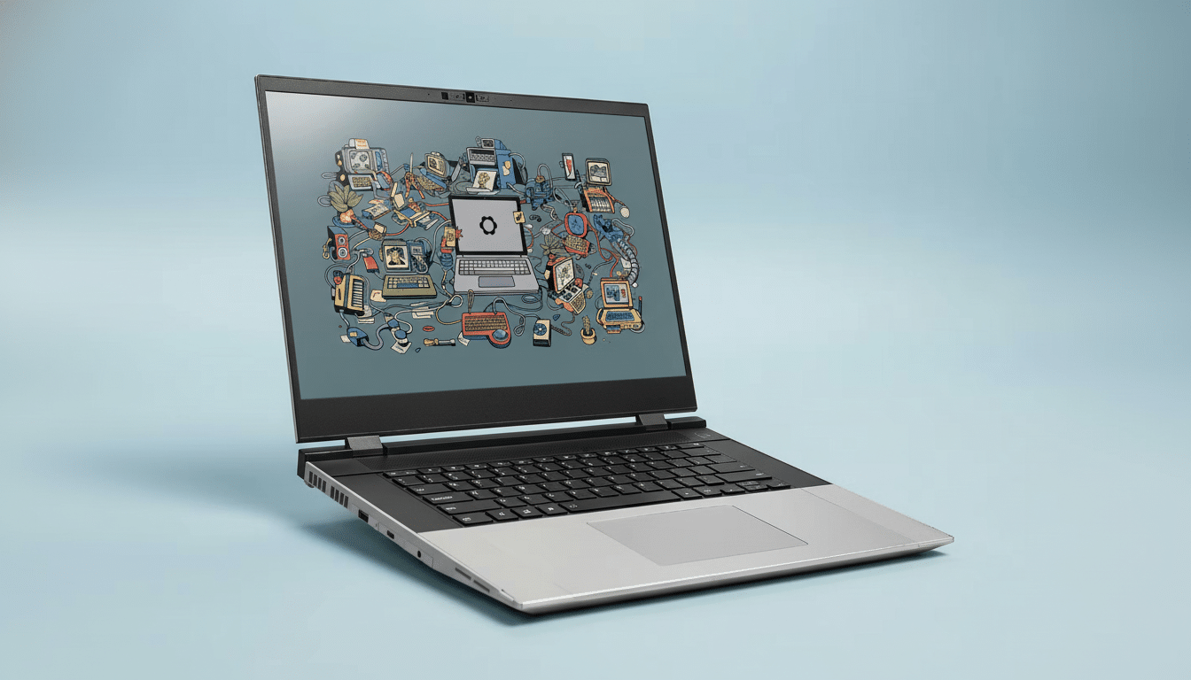 A laptop displaying a complex, interconnected illustration of various computer components and devices on its screen, set against a light blue background.
